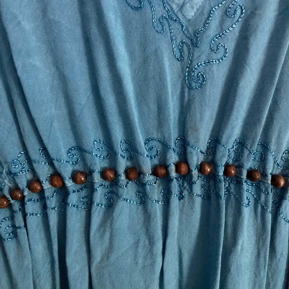Raya Sun Dress SZ L Sky Blue Cotton Blend wood beaded and embroidered